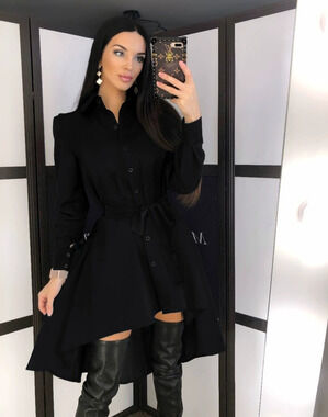 ZARA Elegant Slim French Style Black Asymmetric Belted Office Shirt Dress
